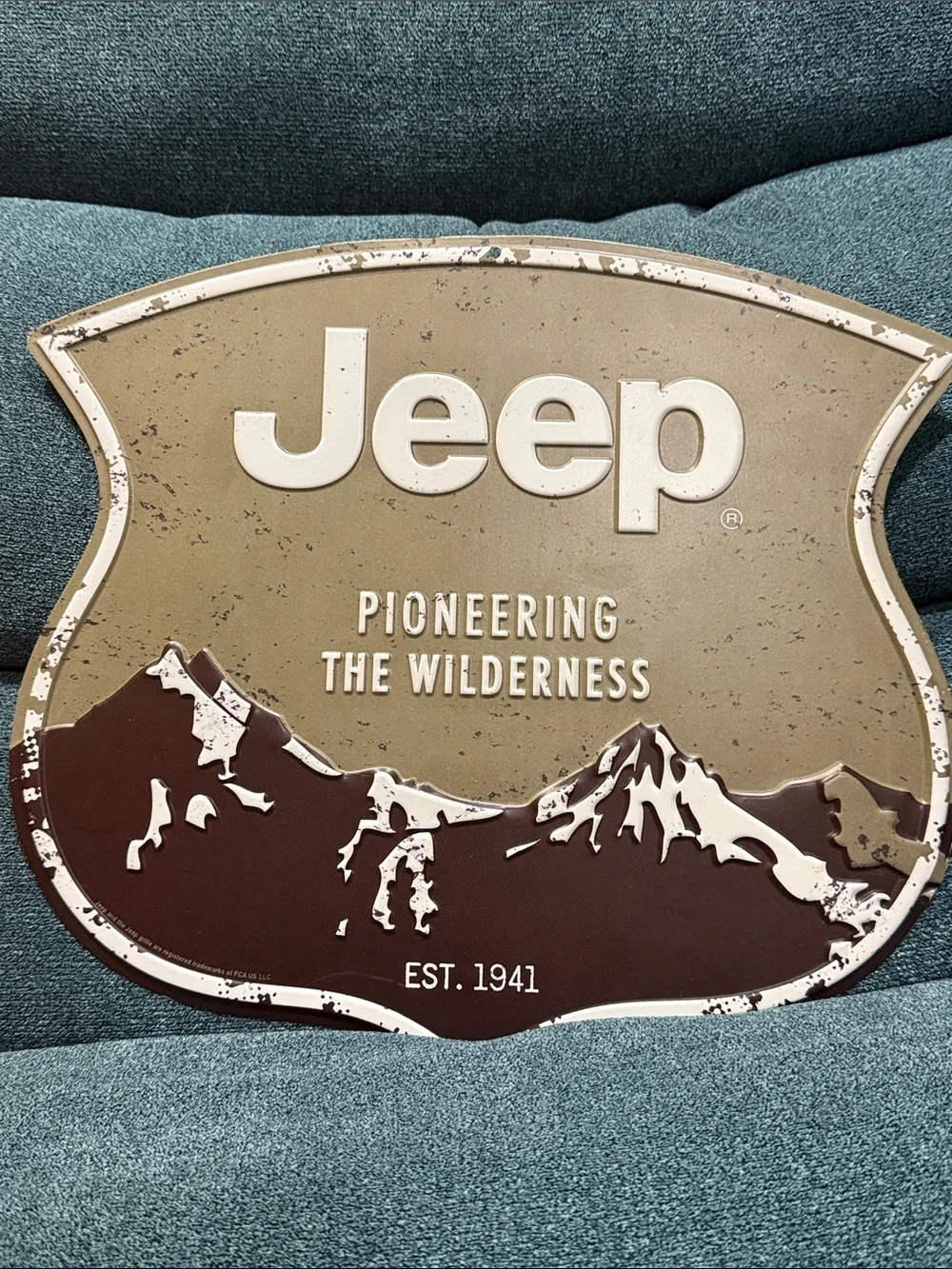 Jeep Embossed Metal Wall Sign  in Olive and Brown